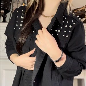 VINTAGE Distressed Pearl Black Denim Jacket